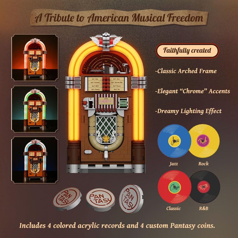 PANTASY Retro Jukebox Building Kit with Coin & Sound Function, Mechanical Music Box Model with Acrylic Records, Recording Studio & Minifigure, Collectible Construction Toy Gift for Adults and Teens - Image 2