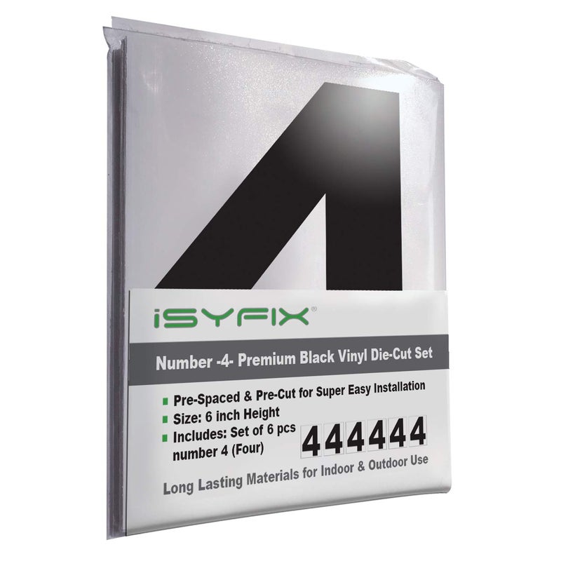 iSYFIX Black Vinyl Number 4 (Four) Stickers - 6 Pack 6 inch Self Adhesive - Decal Die Cut & Pre-Spaced for Mailbox, Signs, Window, Door, Cars, Trucks, Home, Business, Address Number, Indoor & Outdoor - Image 1