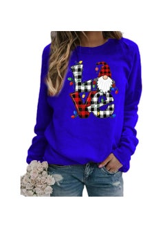 Christmas Santa Claus Plaid Love Print round Neck Long Sleeve Sweatshirt Jacket Womens European Size Street Style Polyester Blue