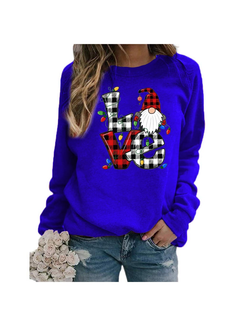 Generic - Christmas Santa Claus Plaid Love Print round Neck Long Sleeve Sweatshirt Jacket Womens European Size Street Style Polyester Blue - Image 1