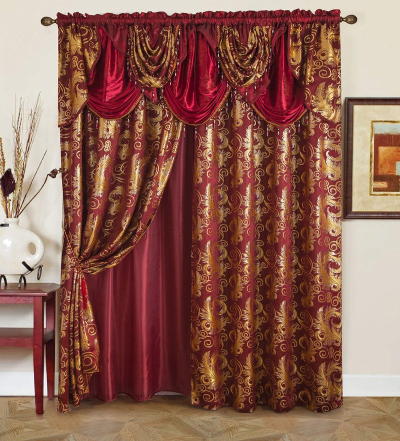 GLORY RUGS Jacquard Luxury Window 2 Panel Set Burgundy Gold Curtain with Attached Valance and Backing Bedroom Living Room Dining 2 Curtains 55x84 inches Each Jana - Image 1