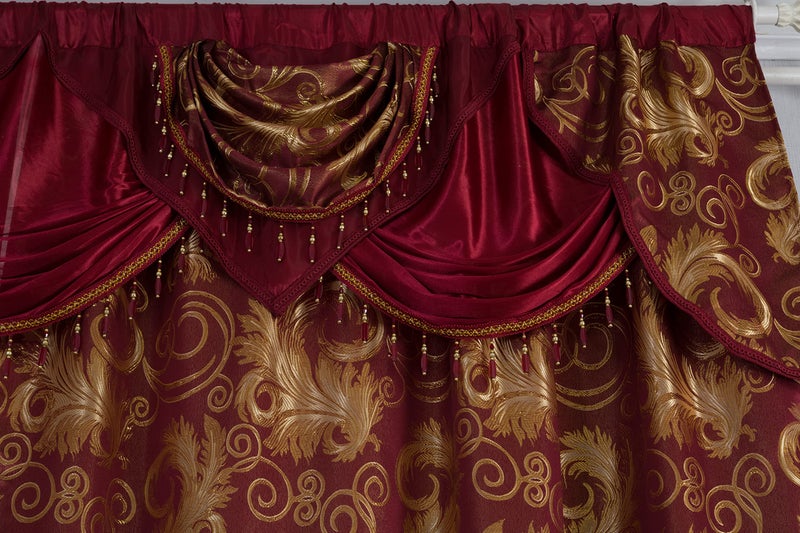 GLORY RUGS Jacquard Luxury Window 2 Panel Set Burgundy Gold Curtain with Attached Valance and Backing Bedroom Living Room Dining 2 Curtains 55x84 inches Each Jana - Image 5