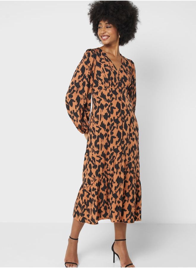 Little Mistress - V-Neck Puff Sleeve Dress - Image 1