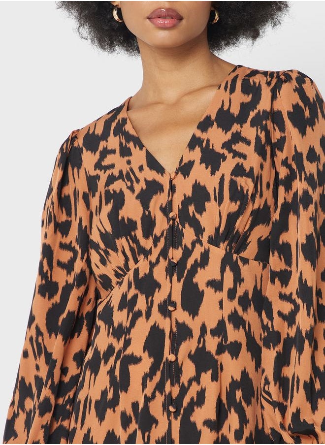Little Mistress - V-Neck Puff Sleeve Dress - Image 1