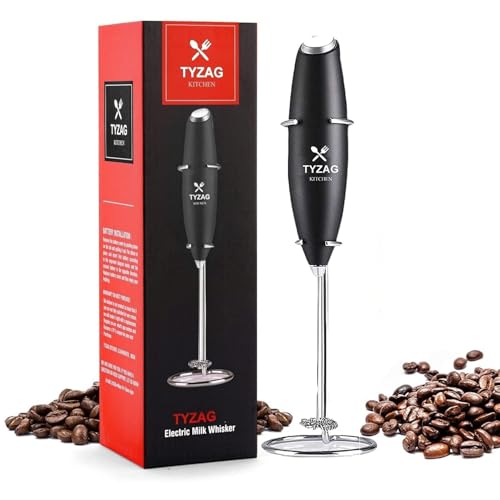 Tyzag Milk Frother for Coffee Included with Stainless Steel Stand, 2AA Cell, Improved High Speed Motor 19000 RPM, Coffee Frother Handheld Foam Maker for Lattes, Cappuccino, Frappe, Matcha (Black) - Image 1