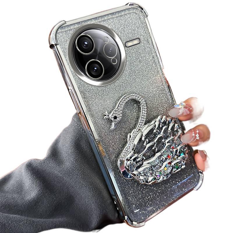 Silicone Protective Case for Redmi Note 13 with Quicksand Swan Pattern and Transparent plus Lens Protector in Silver - Image 1