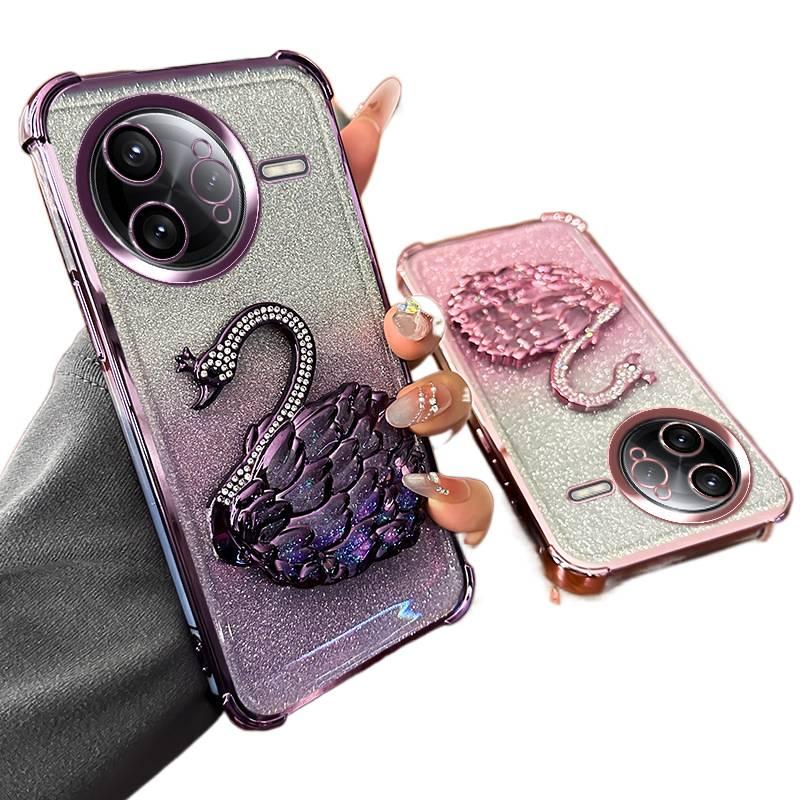 Silicone Protective Case for Redmi Note 13 with Quicksand Swan Pattern and Transparent plus Lens Protector in Silver - Image 2