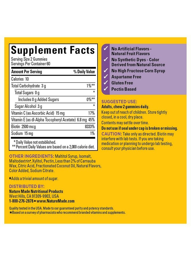 Nature Made Zero Sugar Hair Skin Nails Gummies, Biotin 2500 mcg per Serving, 120 Sugar Free Gummies, 60 Day Supply - Image 5