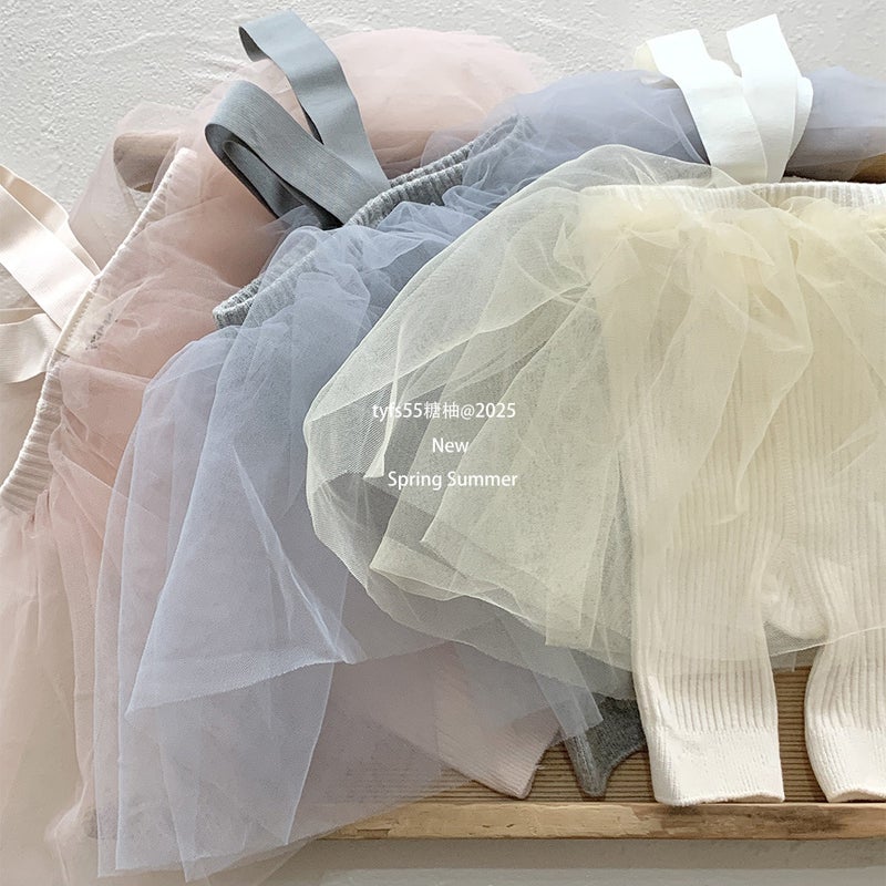 Spring Baby Girl Pants Little Princess Skirt Pants Infant Baby Knitted Suspender Gauze Skirt Pants Five-Point Medium Pants Leggings - Image 5