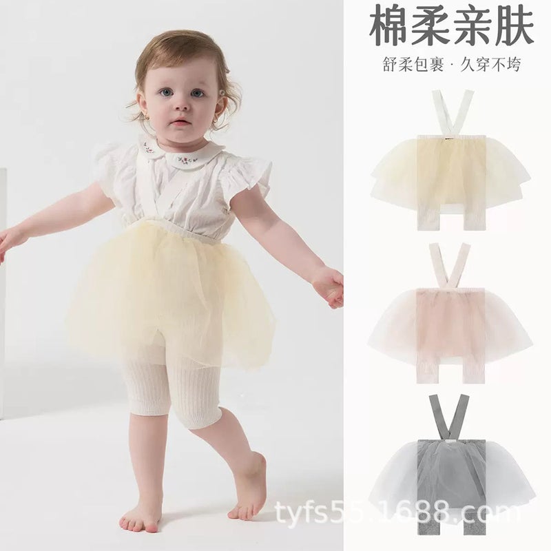 Spring Baby Girl Pants Little Princess Skirt Pants Infant Baby Knitted Suspender Gauze Skirt Pants Five-Point Medium Pants Leggings - Image 2