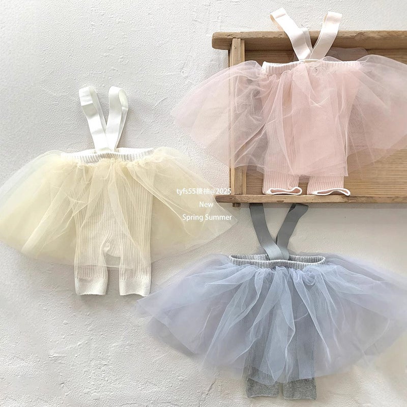 Spring Baby Girl Pants Little Princess Skirt Pants Infant Baby Knitted Suspender Gauze Skirt Pants Five-Point Medium Pants Leggings - Image 3