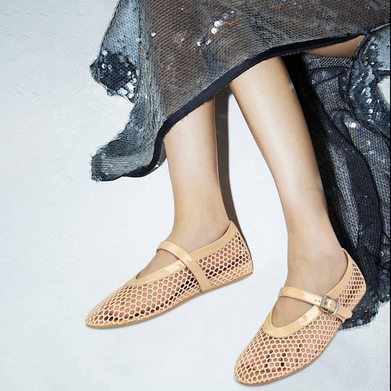 MICIFA Women's Mesh Ballet Flats Buckle Mary Jane Flats Ballerina Shoes Fishnet Flats Causal Daily Dress Shoes Nude - Image 4