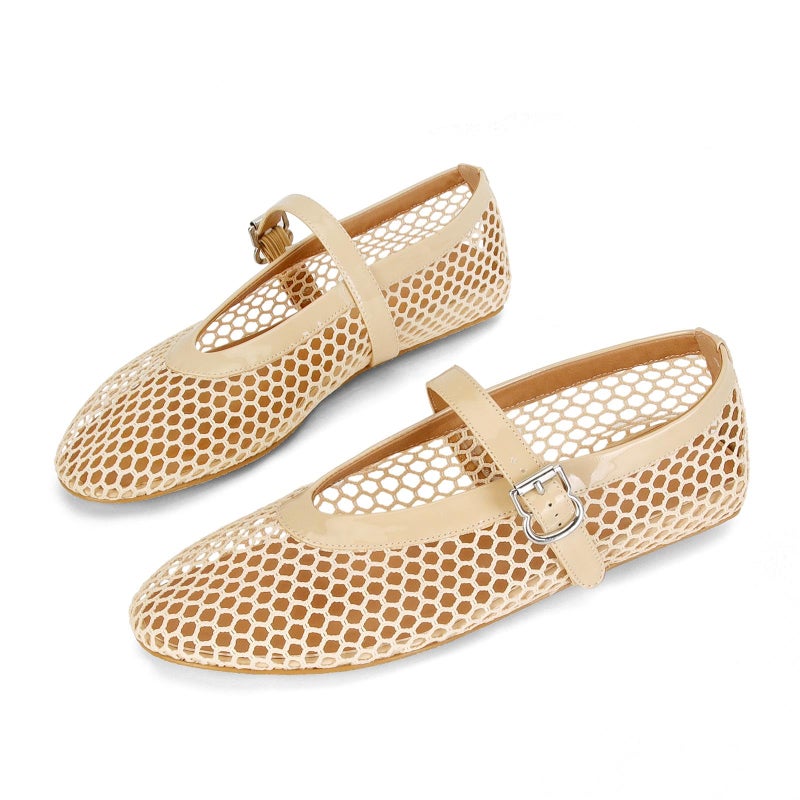 MICIFA Women's Mesh Ballet Flats Buckle Mary Jane Flats Ballerina Shoes Fishnet Flats Causal Daily Dress Shoes Nude - Image 1