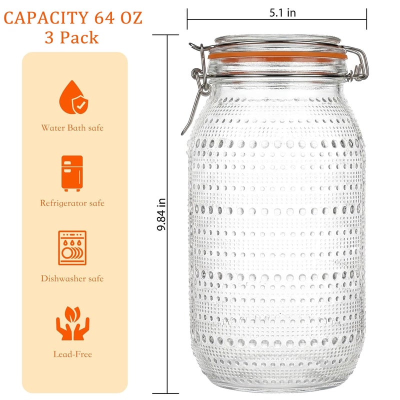 WACOI 64 Oz Glass Mason Jars with Airtight Lids3 Pack, Half Gallon Wide Mouth Canning Jars with Clip Top Lids for Kitchen Storage Pickling Salad Jams Coffee Beans - Image 2