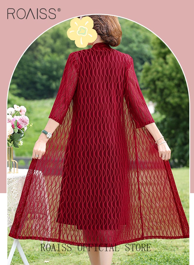 roaiss 2 Piece Casual Suit for Women, Mid-Length Sleeves, Long Outerwear and Knee-Length Skirt, Knitted Hollow Design Jacket, Solid Color Lace Element Collar Sleeveless V-Neck  Long Skirt  - Image 5