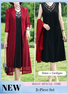 roaiss 2 Piece Casual Suit for Women, Mid-Length Sleeves, Long Outerwear and Knee-Length Skirt, Knitted Hollow Design Jacket, Solid Color Lace Element Collar Sleeveless V-Neck  Long Skirt  - Image 1