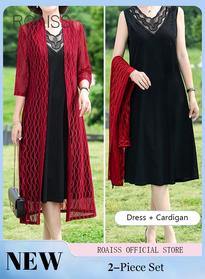 roaiss 2 Piece Casual Suit for Women, Mid-Length Sleeves, Long Outerwear and Knee-Length Skirt, Knitted Hollow Design Jacket, Solid Color Lace Element Collar Sleeveless V-Neck  Long Skirt  - Image 1