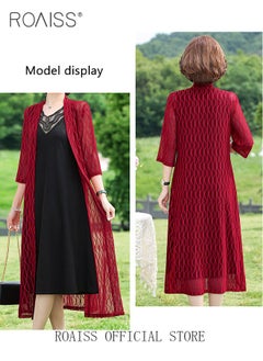 roaiss 2 Piece Casual Suit for Women, Mid-Length Sleeves, Long Outerwear and Knee-Length Skirt, Knitted Hollow Design Jacket, Solid Color Lace Element Collar Sleeveless V-Neck  Long Skirt  - Image 2