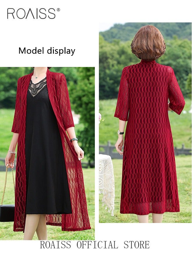 roaiss 2 Piece Casual Suit for Women, Mid-Length Sleeves, Long Outerwear and Knee-Length Skirt, Knitted Hollow Design Jacket, Solid Color Lace Element Collar Sleeveless V-Neck  Long Skirt  - Image 2