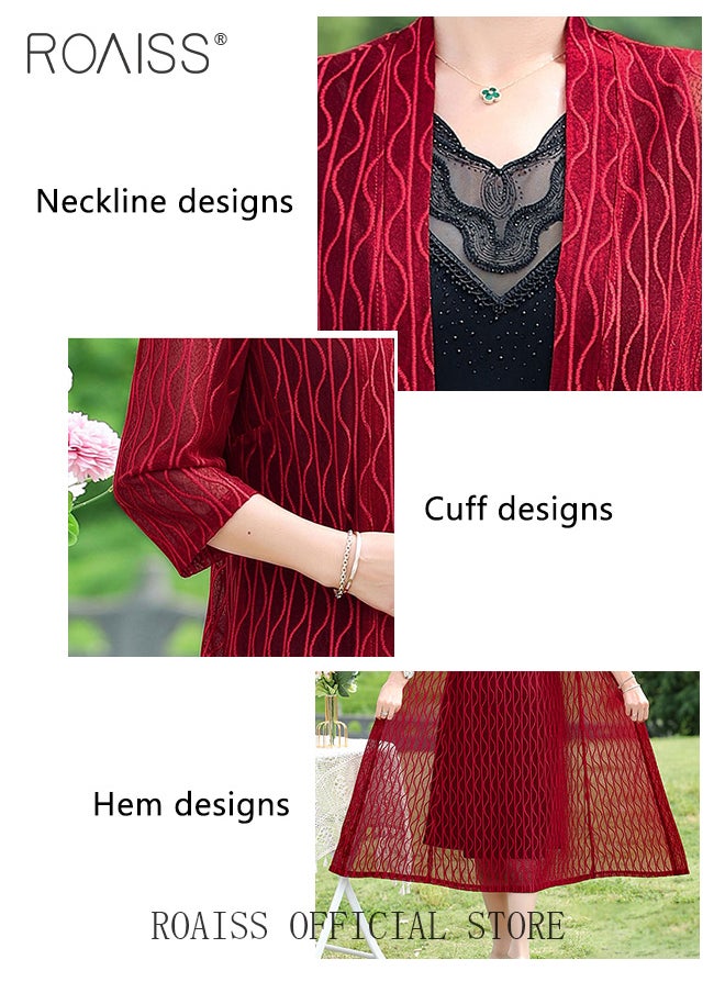 2 Piece Casual Suit For Women, Mid-Length Sleeves, Long Outerwear And Knee-Length Skirt, Knitted Hollow Design Jacket, Solid Color Lace Element Collar Sleeveless Long Skirt - pzsku/ZB2989AA66884D7144F8DZ/45/_/1704950040/37694e4c-9f64-48df-bd75-93fded8f2cf9