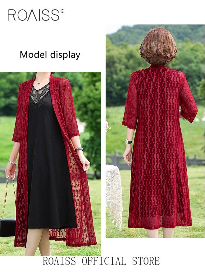 2 Piece Casual Suit For Women, Mid-Length Sleeves, Long Outerwear And Knee-Length Skirt, Knitted Hollow Design Jacket, Solid Color Lace Element Collar Sleeveless Long Skirt - pzsku/ZB2989AA66884D7144F8DZ/45/_/1734167210/ae8801ee-93bf-4f59-bcd4-816402d3d0f1