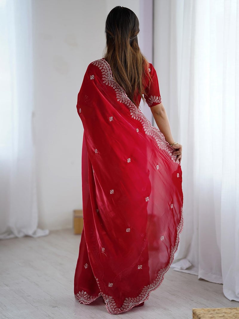Satrani Women'S Tissue Silk Sequin Embroidery & Scalloped Border Saree With Unstitched Blouse Piece (4624S6967N_Red) - Image 3