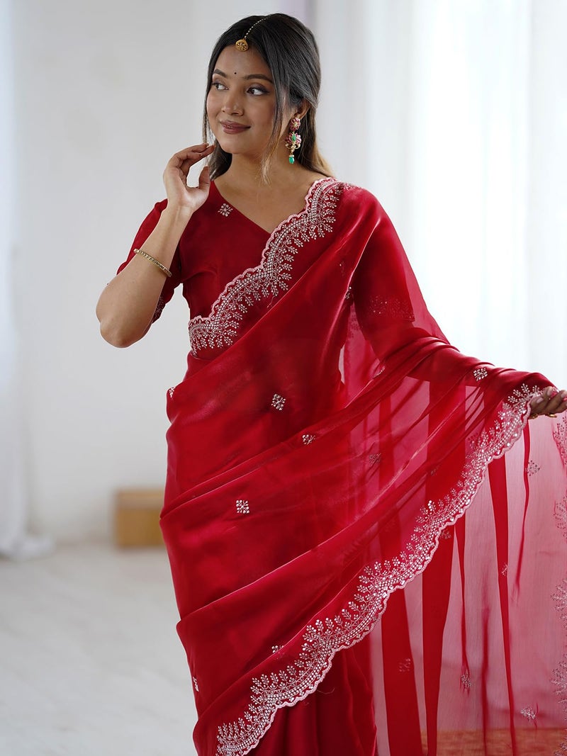 Satrani Women'S Tissue Silk Sequin Embroidery & Scalloped Border Saree With Unstitched Blouse Piece (4624S6967N_Red) - Image 4