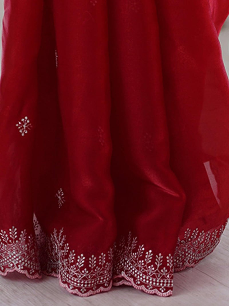 Satrani Women'S Tissue Silk Sequin Embroidery & Scalloped Border Saree With Unstitched Blouse Piece (4624S6967N_Red) - Image 5