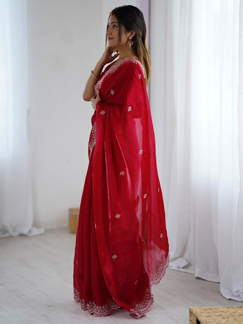 Satrani Women'S Tissue Silk Sequin Embroidery & Scalloped Border Saree With Unstitched Blouse Piece (4624S6967N_Red) - Image 2