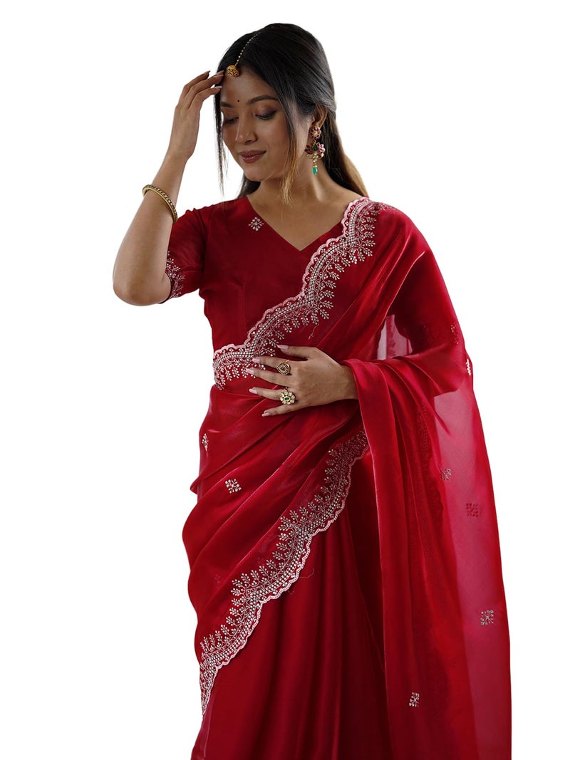 Satrani Women'S Tissue Silk Sequin Embroidery & Scalloped Border Saree With Unstitched Blouse Piece (4624S6967N_Red) - Image 1