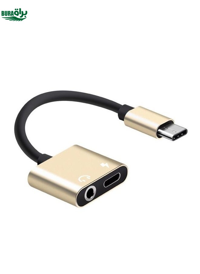 BURAQ USB-C / Type-C to 3.5mm Aux + USB-C / Type C Earphone Adapter Charger Audio Cable (gold)  - Image 1