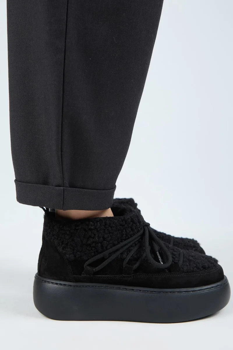 Manijero Manijero (Eleni) Women's Genuine Leather Fur-Lined Mini Teddy Detail Black Boots