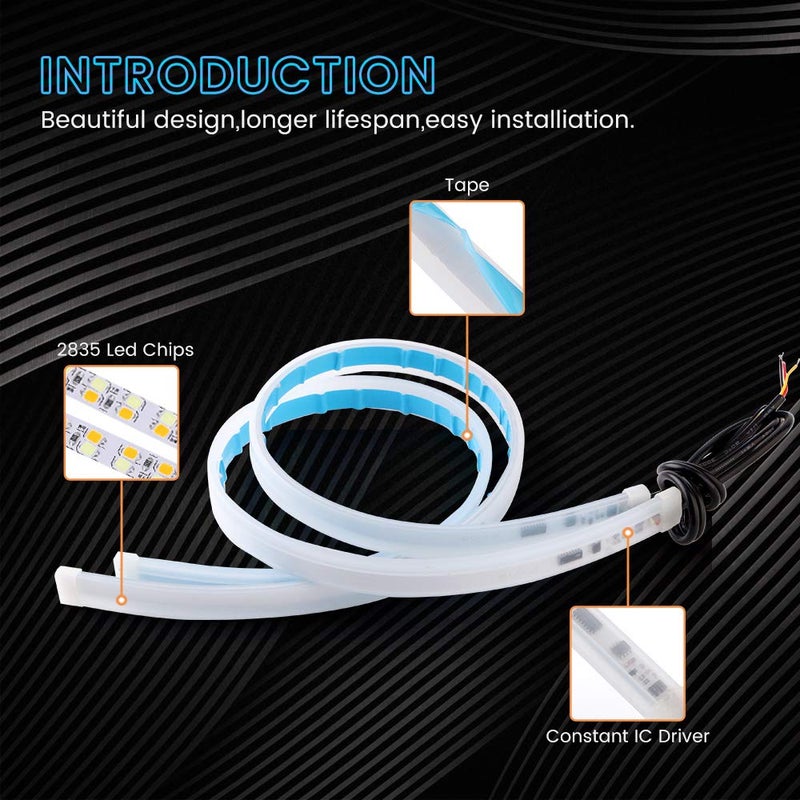 YM EBright YM E-Bright Led Strip Lights for Cars, SUV, Motorcycle Daytime Running Lights Turn Signal Bulb DRL Sequential Switchback Led Strip Amber/Yellow & White (2Pcs 60CM/24 Inch) - Image 5