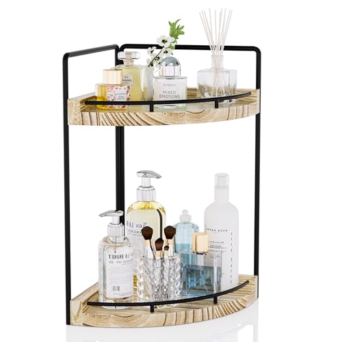 CeleVista Corner Bathroom Counter Organizer, 2 Tier Wood Vanity Storage, Waterproof Skincare Shelf for Kitchen & Toiletries Decor, Dresser (Rustic-2 Tier) - Image 1