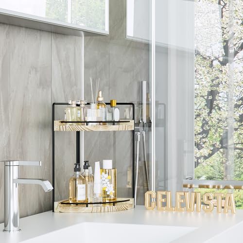CeleVista Corner Bathroom Counter Organizer, 2 Tier Wood Vanity Storage, Waterproof Skincare Shelf for Kitchen & Toiletries Decor, Dresser (Rustic-2 Tier) - Image 2