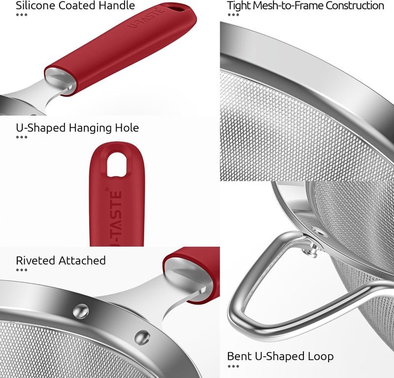 U-Taste 8.5cm Wide Mesh Strainer: 18/8 Stainless Steel 30-Mesh Fine Food Sieve with Upgraded Heavy Duty Riveted Silicone Handle, 5.5cm Deep Metal Kitchen Colander for Baking Sugar, Tea (Red) - Image 5