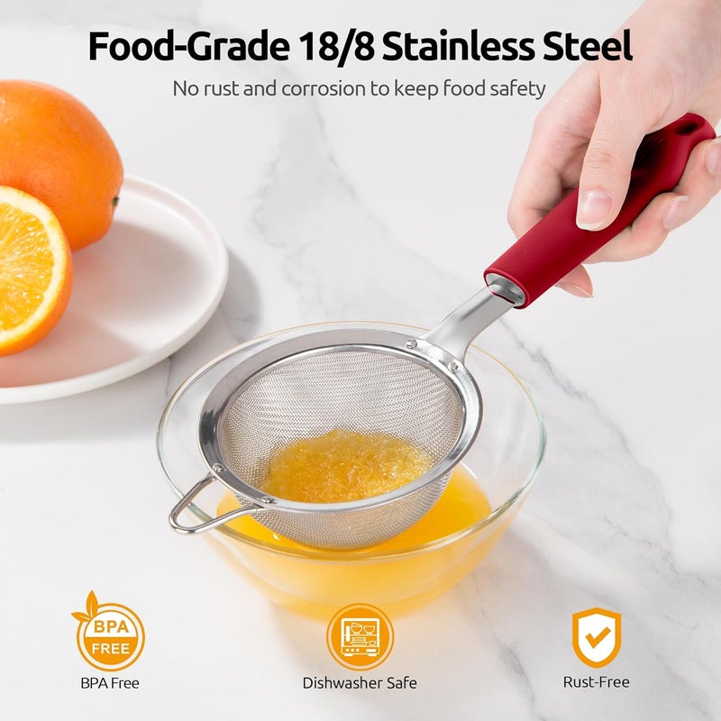 U-Taste 8.5cm Wide Mesh Strainer: 18/8 Stainless Steel 30-Mesh Fine Food Sieve with Upgraded Heavy Duty Riveted Silicone Handle, 5.5cm Deep Metal Kitchen Colander for Baking Sugar, Tea (Red) - Image 2