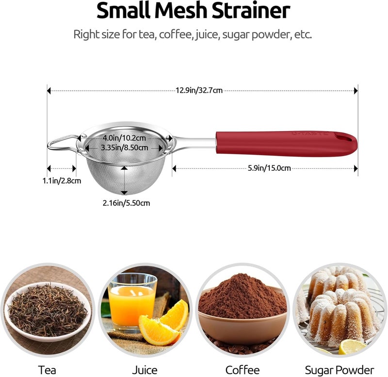 U-Taste 8.5cm Wide Mesh Strainer: 18/8 Stainless Steel 30-Mesh Fine Food Sieve with Upgraded Heavy Duty Riveted Silicone Handle, 5.5cm Deep Metal Kitchen Colander for Baking Sugar, Tea (Red) - Image 1