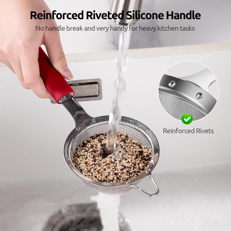 U-Taste 8.5cm Wide Mesh Strainer: 18/8 Stainless Steel 30-Mesh Fine Food Sieve with Upgraded Heavy Duty Riveted Silicone Handle, 5.5cm Deep Metal Kitchen Colander for Baking Sugar, Tea (Red) - Image 3