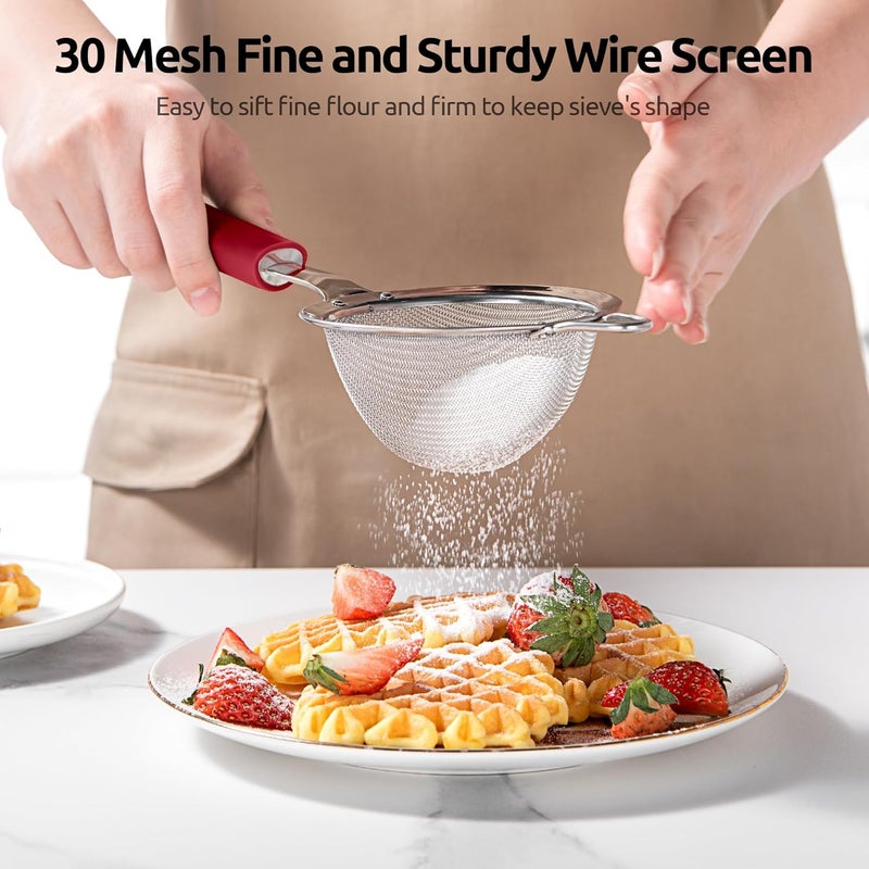 U-Taste 8.5cm Wide Mesh Strainer: 18/8 Stainless Steel 30-Mesh Fine Food Sieve with Upgraded Heavy Duty Riveted Silicone Handle, 5.5cm Deep Metal Kitchen Colander for Baking Sugar, Tea (Red) - Image 4