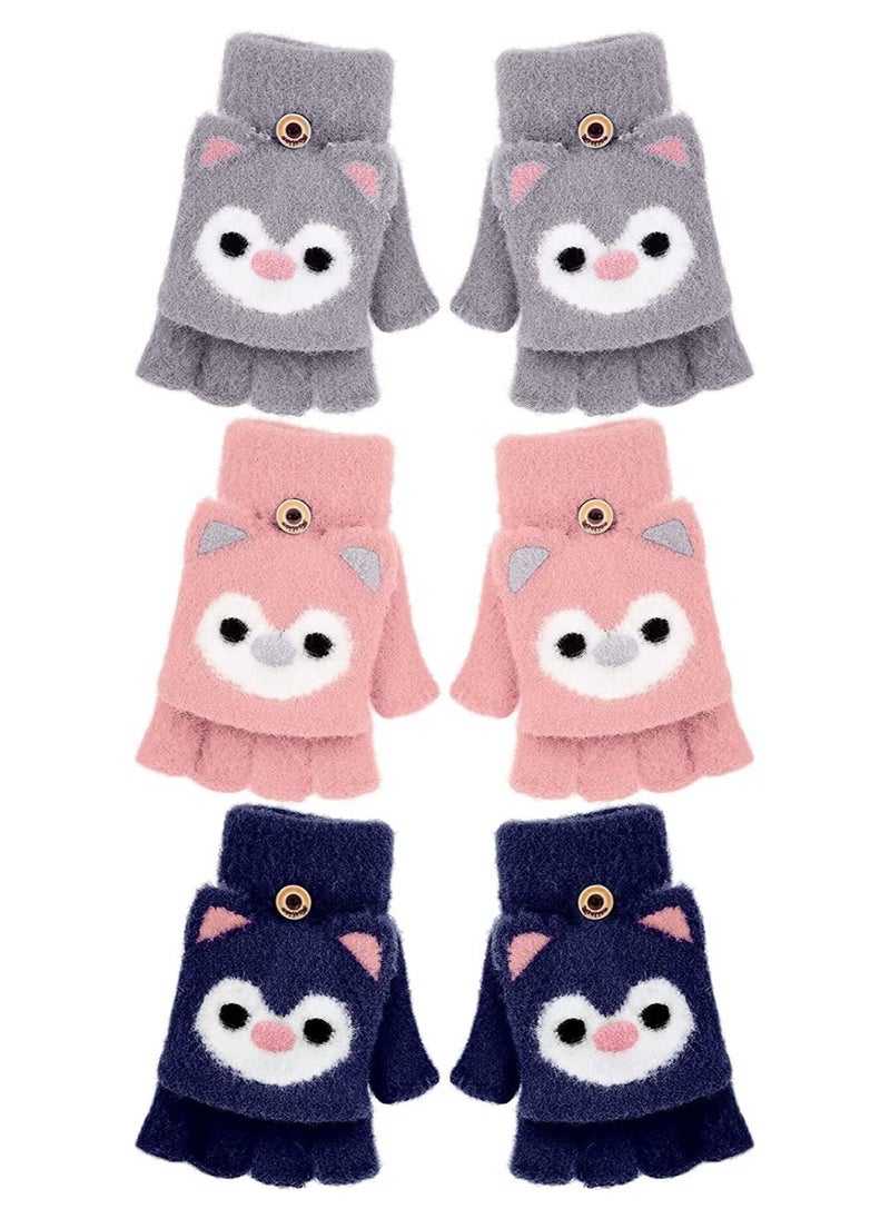 SYOSI 3 Pairs Kids Fingerless Gloves Convertible Flip Top Gloves Winter Warm Knit Half Finger Mitten for Kids Boy Girls 5-10 Years  - Image 1
