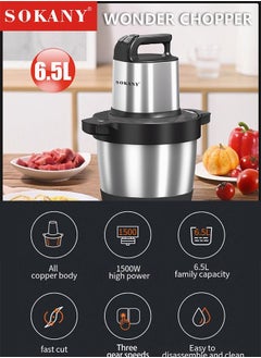 6.5L Large Capacity 1500W Electric Food Processor Chopper Three