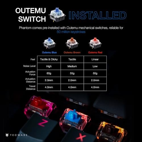 TECWARE Phantom 87 Key Mechanical Keyboard, RGB led, Typewriter Sound, Outemu Blue Switch - Image 3