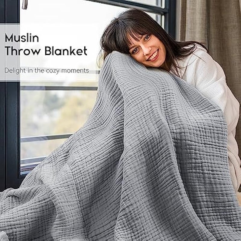 Loquat Muslin Blanket, 100% Cotton Throw, Summer Blanket, Large (127 x 152.4cm), for Bed, Couch, 6-Layer Gauze Blanket for Adults, Lightweight and Breathable, Gray - Image 2