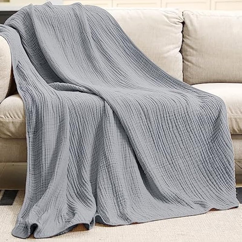 Loquat Muslin Blanket, 100% Cotton Throw, Summer Blanket, Large (127 x 152.4cm), for Bed, Couch, 6-Layer Gauze Blanket for Adults, Lightweight and Breathable, Gray - Image 5