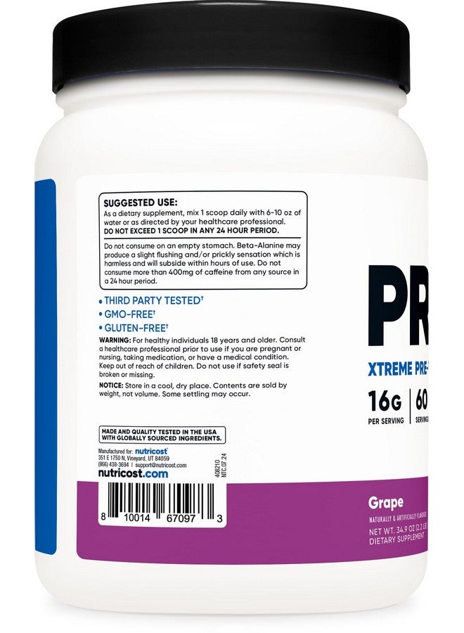 مسحوق نيوتريكوست بري-إكس إكستريم قبل التمرين، بنكهة العنب، 60 حصة، نباتي، غير معدل وراثيًا وخالي من الغلوتين - Image 3