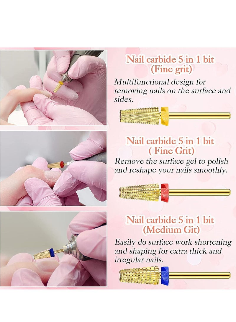 Excefore Carbide Nail Drill Bit Use for both Left to Right Handed, 3/32 Inch Nail Bit for Fast Remove Acrylic Gel Nail 3 Pieces Nail Carbide 5 in 1 Bit Multi-function Tapered Shaping Nail Drill - Image 2
