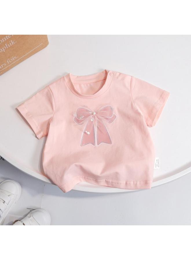 Girls' New Summer Korean-style Short-sleeved T-shirt Fashionable Western Style Cute Bow Girl's Baby Sweet Top
