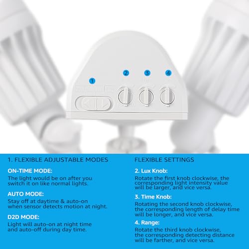 LEONLITE COB LED Security Light, Motion Sensor Flood Lights Outdoor, Aluminum, 3 Modes Motion Detector+Dusk to Dawn+Switch Control, 100-277V, Adjustable 2-Head, IP65, 5000K Daylight, ETL, White - Image 5