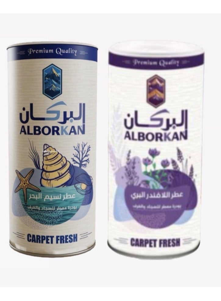 AL Borkan Refreshing Powder for Carpets, Upholstery, and Rugs in Two Different Scents: Wild Lavender and Sea Breeze. A deodorizing and refreshing powder that freshens the air, eliminates unpleasant odors, and leaves carpets with a long-lasting fragrant touch - Image 1